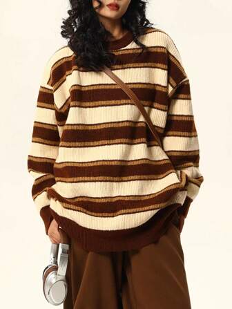 Women's Vintage Loose Striped Knit Sweater Top, Autumn/Winter
