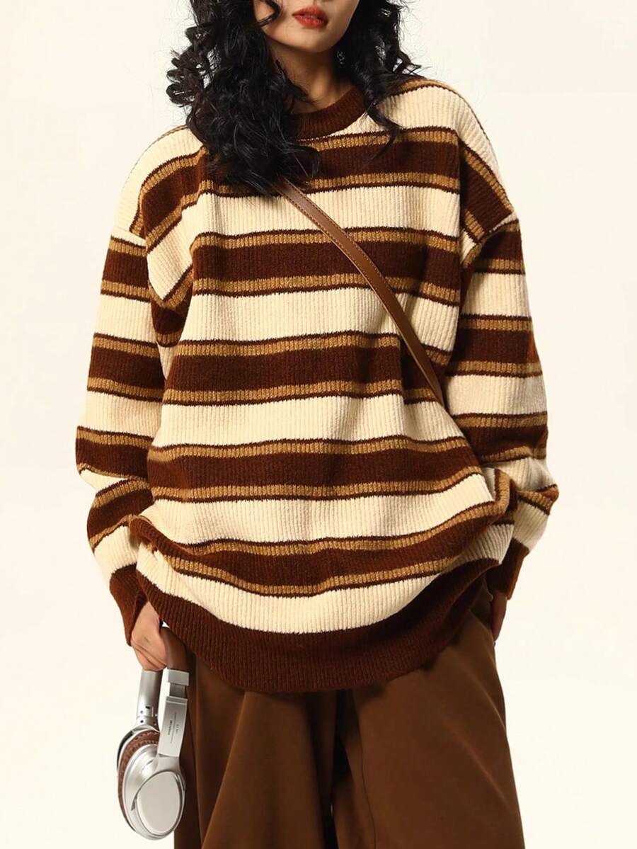 Damen Vintage Loose Gestreifter Strickpullover, Herbst/Winter