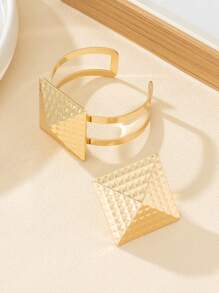 1set Exaggerated Fashionable Square Geometric Bracelet And Ring Jewelry Set For Women - Gift For Friends - Yellow Gold - View 3