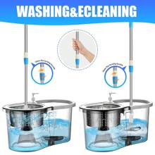 Spin Mop Bucket 360° With Wringer Set, Mop And Bucket Set,  Stainless Steel Mop System, 3 Absorbent Microfiber Mop Head Eefills, For Household Kitchen Floor Cleaning - Màu xanh lam - Xem 5