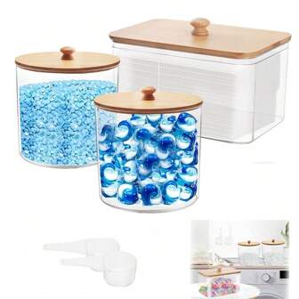 3 Packs Laundry Powder Container & Dryer Sheet Holder, Large Acrylic Laundry Room Organization Jars And Storage Box Dispenser With Lid, Labels & Scoop For Powder, Detergent, Scent Booster, Dorm Room
