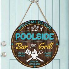 Letrero de "Bienvenido a nuestra piscina", placa colgante decorativa de madera - Celeste - Ver 4