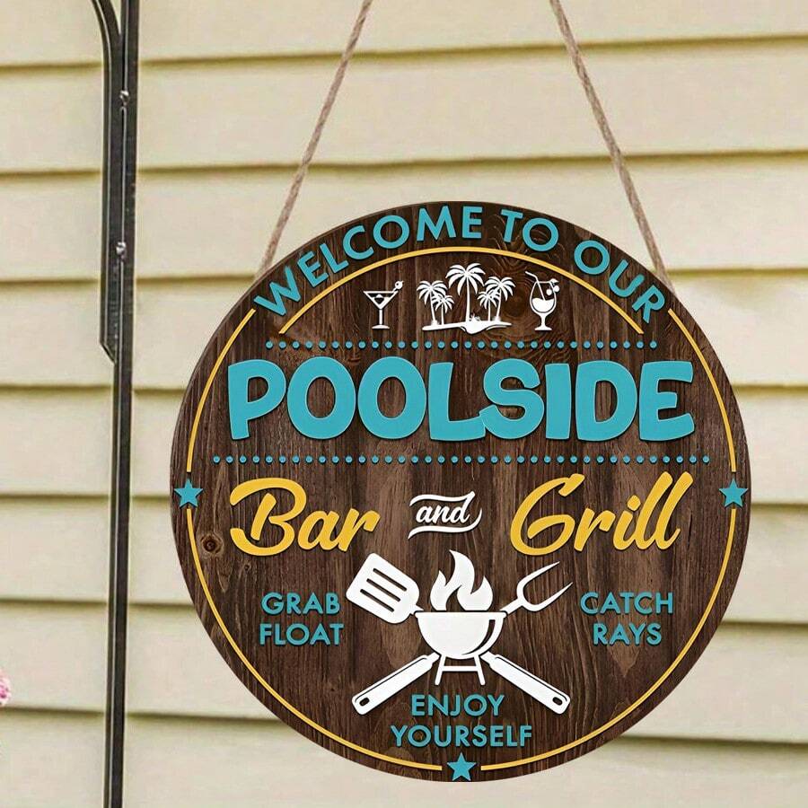 Letrero de "Bienvenido a nuestra piscina", placa colgante decorativa de madera - Celeste - Ver 1