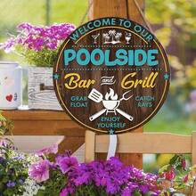 Letrero de "Bienvenido a nuestra piscina", placa colgante decorativa de madera - Celeste - Ver 5