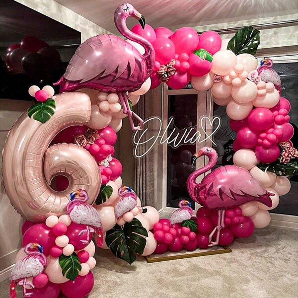 1 Conjunto (93 peças/2 peças) Conjunto de Arco de Guirlanda de Balões Tropicais, Incluindo Balões de Flamingo de Folha, Balões de Látex Rosa e Folhas de Palmeira, Adequado para Festa de Aniversário Havaiana, Decoração de Casamento, Aniversário, Adereços de Foto