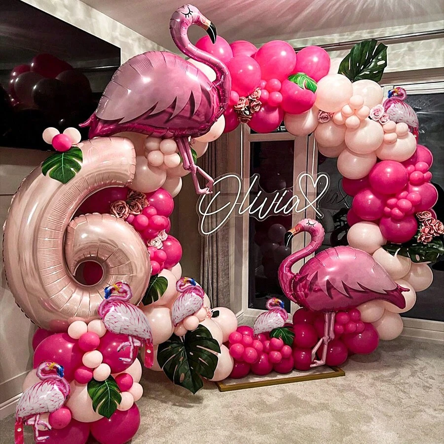 1 set (93 buc/2 buc) baloane tropicale cu ghirlandă, inclusiv baloane din folie cu flamingo, baloane din latex roz și frunze de palmier, potrivite pentru petrecere de ziua de naștere hawaiană, decor de nuntă, aniversare, recuzită foto - Roz fierbinte - Vizualizare 1