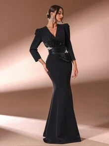 Women's Solid Color Rhinestone Decorated Simple Daily V-Neck Long Sleeve Dress - Black - View 3
