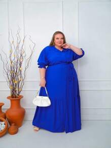 LONG 3/4 SLEEVE CHEMISE DRESS - 寶藍色 - 查看 1