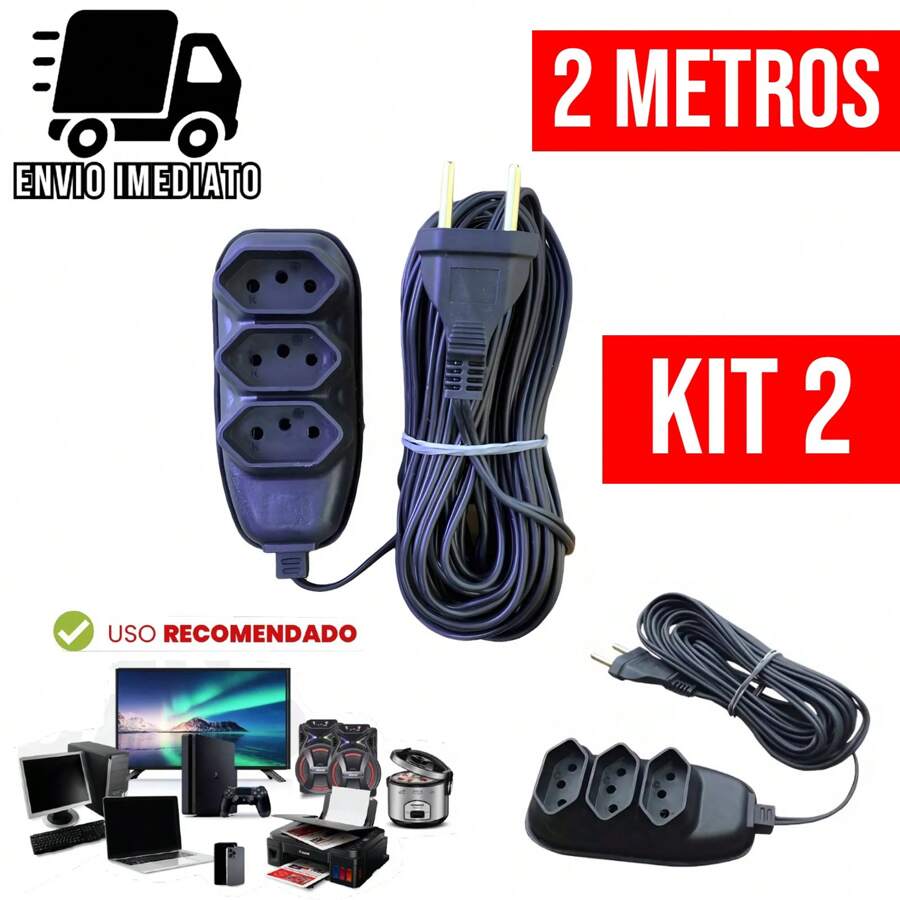 Kit 2 Electrical Extension 2 Meters Bivolt With 3 Sockets 110v 220v Tripolar Alexa Compacta - 黑色 - 查看 1