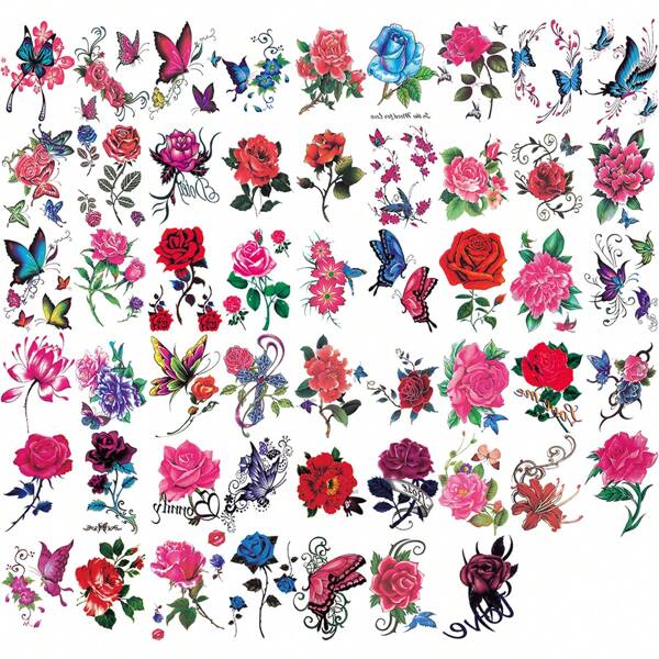 52 feuilles Autocollants de tatouage de fleurs, autocollants de tatouage temporaire coloré 3D de fleurs et de papillons, autocollants d'art de manchette de bras pour corps, tatouages faux durables pendant 2 à 5 jours étanches pour femmes et filles