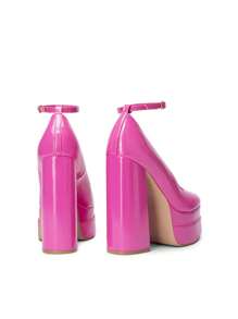 Women's High Chunky Platform Square Toe Heels Pumps Closed Toe Block Ankle Strap Solid Color Dress Fashion Party Y2K Shoes For Fall And WInter - Hot Pink - View 6