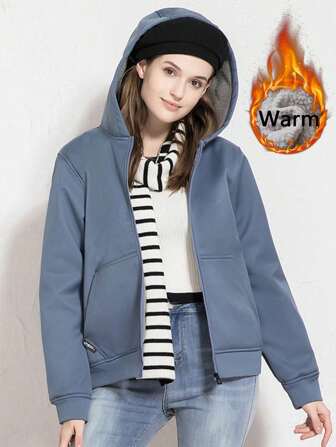 Women's Outdoor Sports Waterproof Warm Plus Fleece Thick Hoodie, Zip-Up Solid Color Jacket