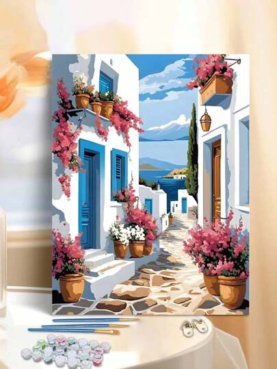 1 set Kit de pintura digital DIY, tema 'Ciudad costera', lienzo de 40*50cm