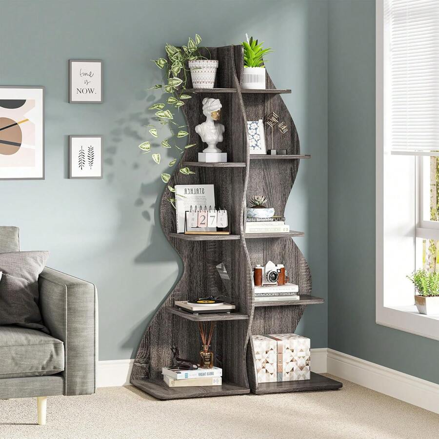 LITTLE TREE LITTLE TREE Corner Shelf, Modern 5-Tier Wall Corner Bookshelf, Stylish Corner Small Bookcase Storage Rack Plant Stand With Unique Shape For Living Room, Home Office,1PCS - Xám - Xem 1