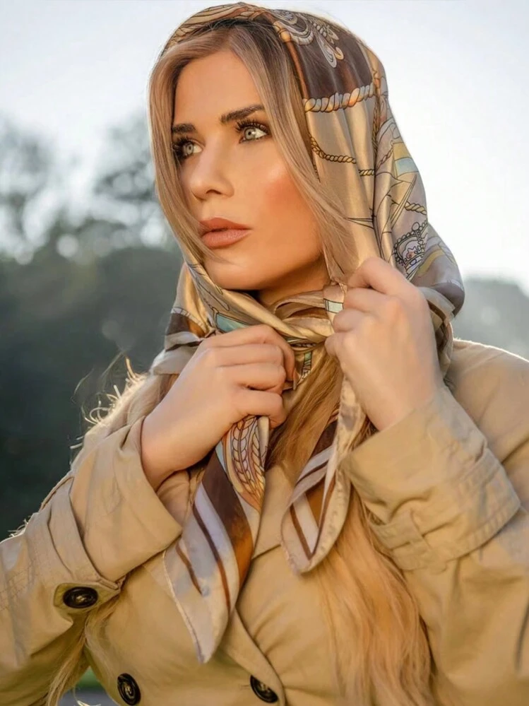 1pc Women Scarves Khaki Silk Scarf, Fashion Casual Large Printed