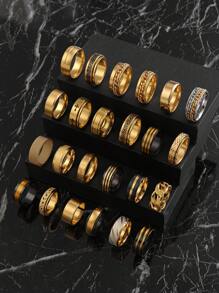 8/10/12/20/30pcs Fashionable Stainless Steel Punk Rings Set - Engraved Moon, Star, Cross Designs, For Men's Daily Wear, Festival, Back To School Gifts - Gold - View 9