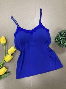 RENDA Women's Tank Top With Padded Straps And Lace Detail - azul real - Ver 1