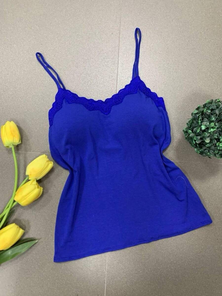 RENDA Women's Tank Top With Padded Straps And Lace Detail - azul real - Ver 1