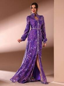 Women's Long Sleeve Modest Dress With V-Neckline, Sparkling Sequins And Arabian Robe Style (Non-Positioning Cut Flower) - Purple - View 5