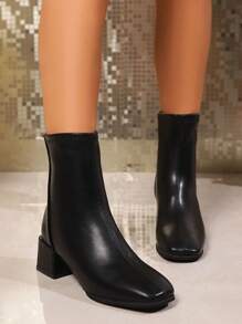 女士黑色软皮粗跟踝靴，方头低跟短筒靴，韩版风格 - 黑色 - 查看 4