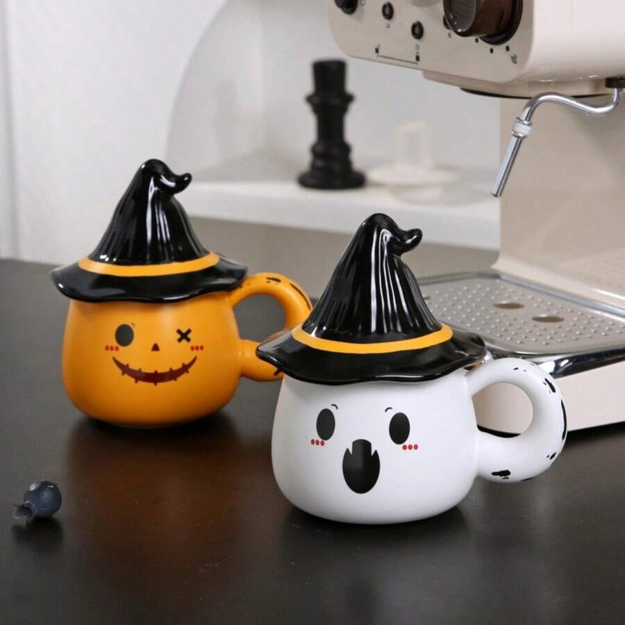 1 pieza Taza de cerámica con fantasma para Halloween, con superficie de cerámica suave y sombrero de cerámica, taza de café novedosa, taza de agua para el hogar de 350ml/12.3oz adecuada para fiesta de Halloween - Multicolor - Ver 1