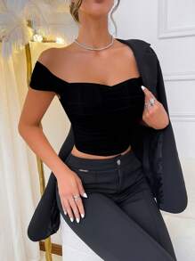 EZNV 1 件装全新纯色性感露背细肩带吊带背心细肩带上衣露肩 - 黑色 - 查看 3