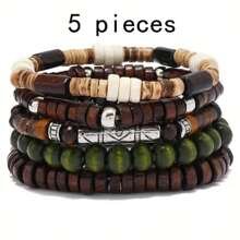 5pcs Retro Punk Style Cool Bracelets, Coconut Shell & Wooden Beads Wrist Chains For Men - Multicolor - View 7
