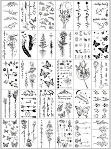 (Pack Of 30 PCS)Cute Fake Tattoo With Black Small Pattern Stickers, Stars And Moons, Butterflies, Flowers, English Phrases, Feathers And Other Pattern Designs, Waterproof And Sweatproof Easy To Use, Can Last For 2-3 Days, Looks Very Real Fake Tattoos