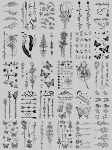 (Pack Of 30 PCS)Cute Fake Tattoo With Black Small Pattern Stickers, Stars And Moons, Butterflies, Flowers, English Phrases, Feathers And Other Pattern Designs, Waterproof And Sweatproof Easy To Use, Can Last For 2-3 Days, Looks Very Real Fake Tattoos