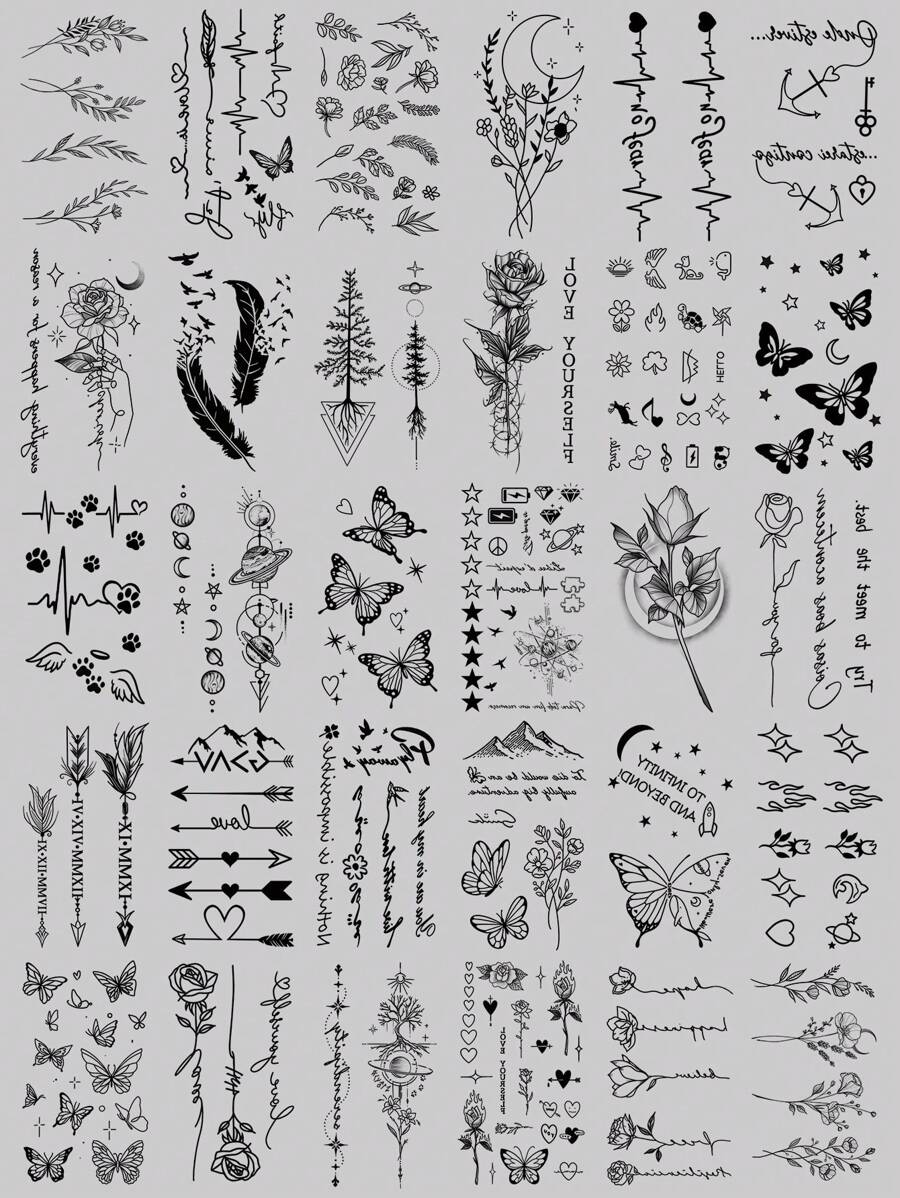 (Pack Of 30 PCS)Cute Fake Tattoo With Black Small Pattern Stickers, Stars And Moons, Butterflies, Flowers, English Phrases, Feathers And Other Pattern Designs, Waterproof And Sweatproof Easy To Use, Can Last For 2-3 Days, Looks Very Real Fake Tattoos