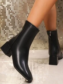 女士黑色软皮粗跟踝靴，方头低跟短筒靴，韩版风格 - 黑色 - 查看 5