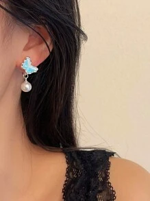 1 Pair Sapphire Butterfly Earrings, Faux Pearl Pendant, Clip-On Style Suitable For Girls Without Pierced Ears, Perfect Gift For Thanksgiving, Christmas, Birthday - Baby Blue - View 3