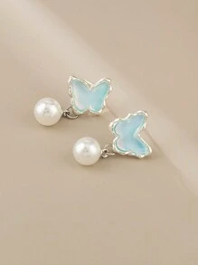 1 Pair Sapphire Butterfly Earrings, Faux Pearl Pendant, Clip-On Style Suitable For Girls Without Pierced Ears, Perfect Gift For Thanksgiving, Christmas, Birthday - Baby Blue - View 4