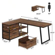 Tribesigns Reversible L-Shaped Desk With 3 Drawers, 53-Inch Home Office Desk, Industrial Corner Computer Desk With Shelves For Small Space