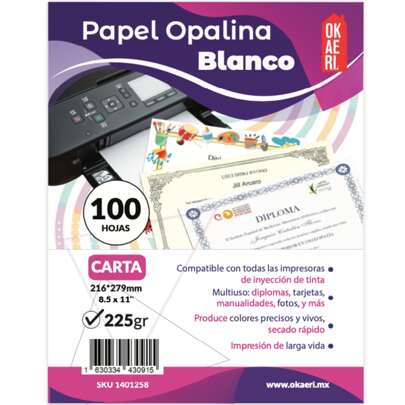 100 Papel Opalina Bond 225G tamaño Carta 100 Hojas Blancas