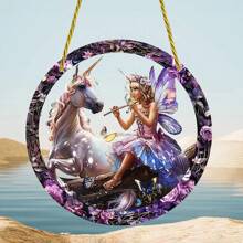 1 件 2D 平面亚克力独角兽和仙女太阳捕手，圆形花环牌匾，适用于花园、露台、门廊、彩色玻璃壁挂、家居装饰、家居装饰、房间装饰、墙壁装饰 - 彩色 - 查看 3