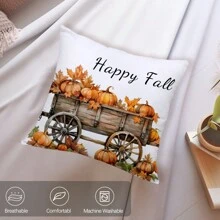 1pc Simple Autumn Pumpkin & Carriage Pattern Soft Velvet Throw Pillow Cover, 45*45CM Decorative Cushion Case For Home, Party, Gift - Multicolor - View 2