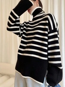 Striped Pattern Drop Shoulder Sweater - Black - View 3