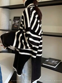 Striped Pattern Drop Shoulder Sweater - Black - View 2
