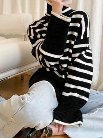 高領條紋開叉女士毛衣