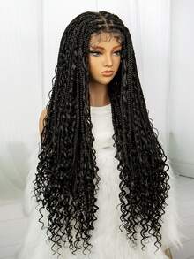 32 Inch Boho Style Pre-Braided Full Lace Synthetic Golden Curly Goddess Braids Corn Rows Wig For Women - Black - View 6