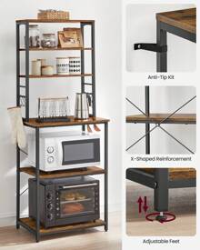 VASAGLE Kitchen Storage Rack, Coffee Bar, Baker's Rack, Total 6 Shelves And 6 Hooks, For Microwave, Steel Frame, Industrial - Brown - View 7