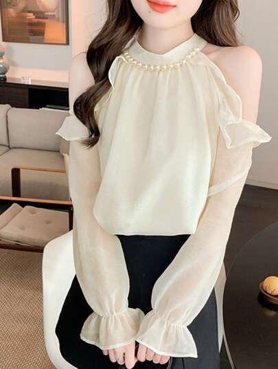 女式春夏仿珍珠装饰荷叶边长袖优雅衬衫