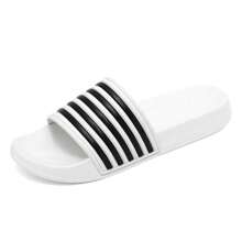 (Couple Style) Men's Simple Fashion Striped Plus Size Open Toe Slide Sandals, EVA Soft Sole Bathroom Beach Slippers, Suitable For Indoor And Outdoor Wear, Size 36-50, Unisex - White - View 2