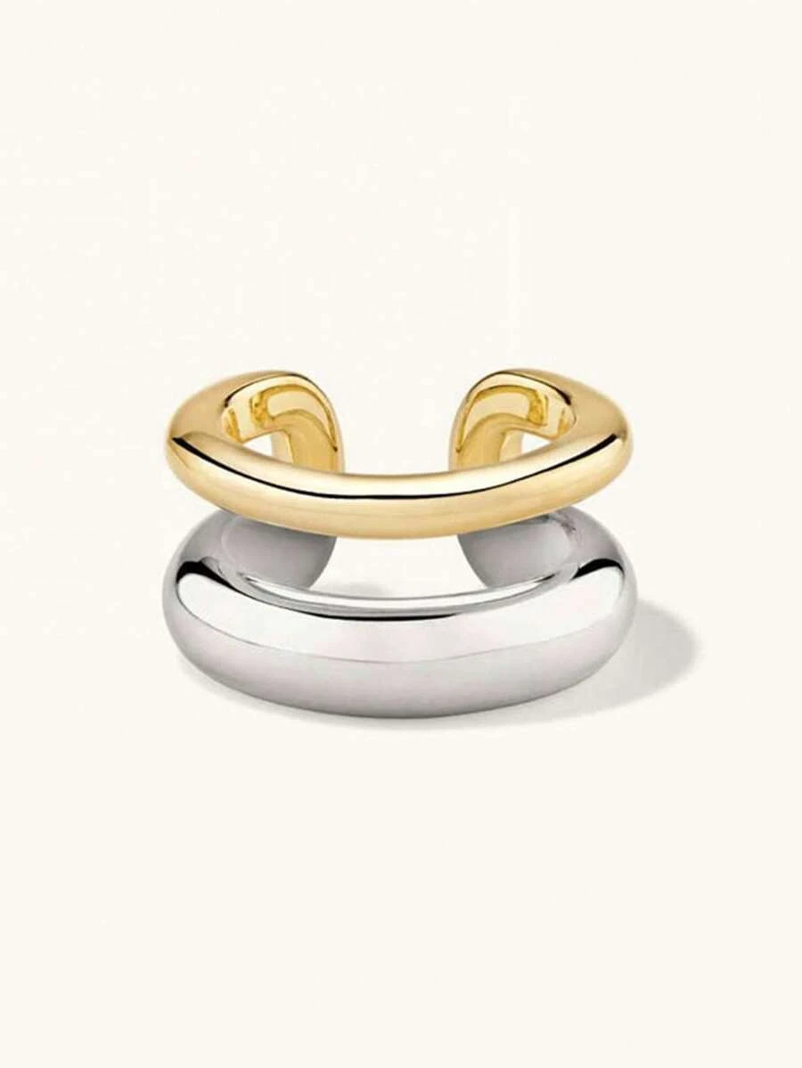 One Piece Light Luxury Handcrafted S925 Sterling Silver Chunky Smooth Two-Tone Double-Layer Mixed Ear Cuff For Lady Daily Wear