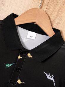 幼儿/儿童男孩休闲趣味恐龙印花短袖 Polo 衫 - 黑色 - 查看 3