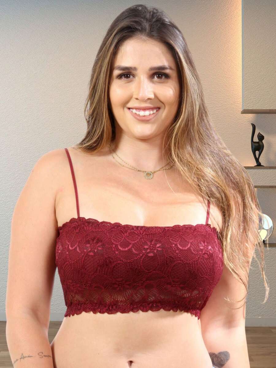 Women's Cropped Lace Top With Thin Straps - 紅木色 - 查看 1