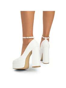 Women's High Chunky Platform Square Toe Heels Pumps Closed Toe Block Ankle Strap Solid Color Dress Fashion Party Y2K Shoes