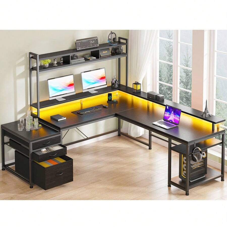 EnHomee L Shaped Computer Desk With Drawers, Gaming Computer Desk With LED Light & Power Outlets,Gaming Desk With Monitor Stand & Shelves, Home Office Desks For Gaming Room - Xem 1