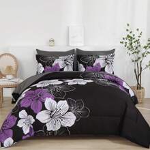 7 Pieces Dark Purple Floral Comforter Set Queen King Bed In A Bag Botanical Floral Comforter Soft Soft Microfiber Complete Bedding Sets For All Seasons,Valentine's Day Gifts - 紫色/黑色 - 查看 1